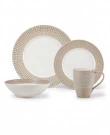 Shape up. A pattern of tiny squares gives the Mikasa Crisscross place settings a modern look and feel in resilient, everyday stoneware. Soothing tan and white tones mixing a matte and shiny finish add to its understated cool. Shape up. A pattern of tiny squares gives the Mikasa Crisscross place settings a modern look and feel in resilient, everyday stoneware. Soothing tan and white tones mixing a matte and shiny finish add to its understated cool.