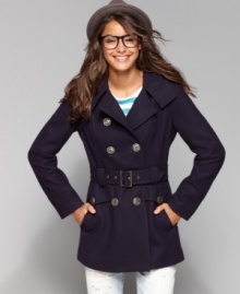A preppy pea coat from M60 Miss Sixty keeps it flattering with a belted waist and fitted style. (Clearance) A preppy pea coat from M60 Miss Sixty keeps it flattering with a belted waist and fitted style. (Clearance)
