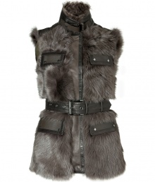 With its textural mix of fur and leather, Belstaffs belted vest is an ultra luxurious take on timeless-classic utility style - Belted stand-up collar with kalgan lamb fur trim, snapped flap pockets, two-way front zip and snap closures, tonal leather trim throughout, belted waistline, satin detailed lining - Tailored fit - Team with flawless separates and chic weather boots for an ultra luxe take on cold weather chic