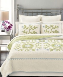 Rich with heirloom details, Martha Stewart Collection's Folklore sham tells a stylish tale with exquisite allover embroidery in a soft, soothing palette. Reverses to solid green quilting. Rich with heirloom details, Martha Stewart Collection's Folklore sham tells a stylish tale with exquisite allover embroidery in a soft, soothing palette. Reverses to solid green quilting.
