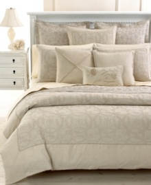 Sophisticated eyelet designs take center stage on this Martha Stewart duvet cover. Delicate embroidery and frayed edges add extra layers of elegance. Sophisticated eyelet designs take center stage on this Martha Stewart duvet cover. Delicate embroidery and frayed edges add extra layers of elegance.