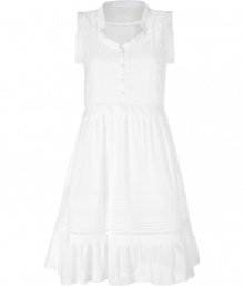 Channel Old World femininity in this lace-detailed day dress thats perfect for parties or off-duty casual - Sweetheart neck, short sleeves, front button half-placket, stitching details, nipped-in waist, full skirt with ruffled hem - Wear with a cropped cardigan, peep-toe platforms, and a metallic clutch