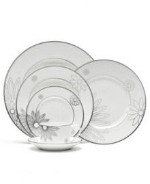A fresh update for your formal table, this modern platter is in bloom with polished platinum daisies. An array of flowers sprouts against bright white bone china, complementing classic banding. A fresh update for your formal table, this modern platter is in bloom with polished platinum daisies. An array of flowers sprouts against bright white bone china, complementing classic banding.