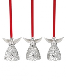 With the words Peace, Hope and Love engraved in their silver filigree skirts, these lovely angels from Lenox remind us what the season's all about.