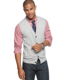 Tasso Elba updates the timeless sweater vest with a sleek button-front for an extra does of detail. Tasso Elba updates the timeless sweater vest with a sleek button-front for an extra does of detail.