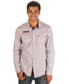 This Marc Ecko Cut & Sew button down has a cool gas patch and stylish snap closure sure to get your motor going.