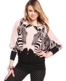 Get wild in Material Girl's zebra-print dolman top--perfect with jeans and just as great with your boldest pants!