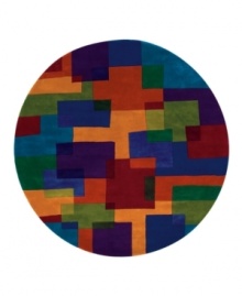 This round rug is ideal for open spaces. A dynamic mix of bright colors and geometric shapes creates an arresting rug that recalls the best of modern art. The color palette of blue, red, salmon, yellow and sage gives the piece a vibrant, buoyant style that lends your home a striking, contemporary look.