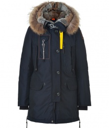 Whether youre hitting the city or the slopes this season, Parajumperss navy down parka is a sporty-luxe cold-weather essential - Water- and wind-resistant outer has an elegant, light sheen - Slim cut style hits mid-thigh - Full zip and supplementary button placket - Elbow patches and decorative contrast yellow trim - Raccoon-trimmed hood features a rabbit lining -  Two vertical flap pockets at chest, two oversize flap pockets at hips and single skinny pocket with drawstring - Fashionable and functional, a stylish must for all casual winter looks