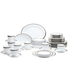 Make the occasion memorable with the Austin Platinum dinnerware set from Noritake. Timeless porcelain trimmed in bands of textured platinum and black elevate your meal with quiet sophistication. Make the occasion memorable with the Austin Platinum dinnerware set from Noritake. Timeless porcelain trimmed in bands of textured platinum and black elevate your meal with quiet sophistication.