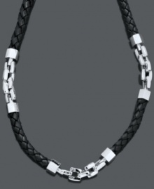 The perfect design for the rugged guy. This simple men's necklace combines braided black leather and stainless steel accents for a stylish look. Approximate length: 24 inches. The perfect design for the rugged guy. This simple men's necklace combines braided black leather and stainless steel accents for a stylish look. Approximate length: 24 inches.
