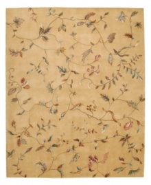 Graced with winsome designs of colorful vinery and leaves, this beautiful rug will sweep you off your feet, day after day. 100% premium wool is hand-tufted and hand-carved, greatly enhancing both the softness and sheen of the design. Graced with winsome designs of colorful vinery and leaves, this beautiful rug will sweep you off your feet, day after day. 100% premium wool is hand-tufted and hand-carved, greatly enhancing both the softness and sheen of the design.