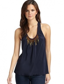 THE LOOKSleevelessBeaded fringe detailGentle front and back ruchingRacerbackTHE FITAbout 27 from shoulder to hemTHE MATERIALSilkCARE & ORIGINDry cleanMade in USAModel shown is 5'10 (177cm) wearing US size Small. 