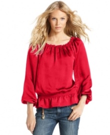 This pretty little peasant blouse from MICHAEL Michael Kors' petite collection can be styled for a variety of looks. Pair it with skirts, jeans and more! This pretty little peasant blouse from MICHAEL Michael Kors' petite collection can be styled for a variety of looks. Pair it with skirts, jeans and more!