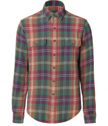 Inject rugged-cool style into your casual look with this plaid button down from Polo Ralph Lauren - Spread collar, front button placket, long sleeves, lap chest pockets, curved hem - Pair with jeans, chinos, corduroys, or shorts