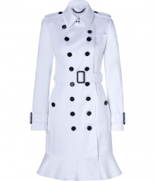 With heritage detailing and a flattering feminine ruffle around the hemline, this bright white trench coat from Burberry London counts as an iconic, multi-season investment - Classic collar with belted latch and hook closure, set-in long sleeves with belted cuffs, epaulettes, gun flap, double-breasted button-down front, belted waist - Fitted silhouette - Pair with slim trousers or jeans and a silk blouse With heritage detailing and a flattering feminine ruffle around the hemline, this bright white trench coat from Burberry London counts as an iconic, multi-season investment - Classic collar with belted latch and hook closure, set-in long sleeves with belted cuffs, epaulettes, gun flap, double-breasted button-down front, belted waist - Fitted silhouette - Pair with slim trousers or jeans and a silk blouse