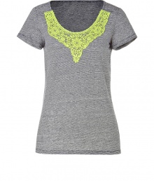 Stylish t-shirt in fine, black and white striped linen - Decorative, on-trend neon crochet embellishment at collar - Classic, short sleeve cut with scoop neck - Slim silhouette, hits just below hips - A chic basic with a bold twist, easily dressed up or down - Pair with leather shorts or skinny denim and a blazer