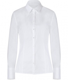 Detailed in a comfortably cool blend of stretch cotton, Hugos feminine fitted blouse is a smart investment perfect for setting the foundation for workweek looks - Classic collar, long sleeves, extra wide 3 button cuffs, button-down front, shimmering logo buttons - Figure-hugging cut - Wear with practically anything for a clean, tailored look