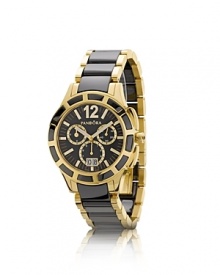 A bold black ceramic and gold-plated stainless stain watch from PANDORA, featuring a chronograph dial and the collection's signature black diamond crown. A bold black ceramic and gold-plated stainless stain watch from PANDORA, featuring a chronograph dial and the collection's signature black diamond crown.