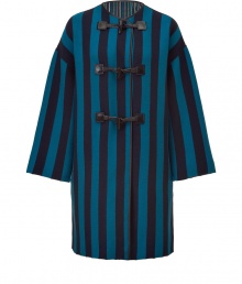 Lush, densely woven knits and an elegant, eye-catching navy and petrol blue stripe motif make M Missonis long jacket a major must - Fluid, straight silhouette - Wide, 3/4 sleeves and round neck - Toggle closure and decorative chocolate leather piping - Versatile and polished, perfect for pairing with everything from jeans and a long sleeve t-shirt to a button down and leather pants or a pencil skirt Lush, densely woven knits and an elegant, eye-catching navy and petrol blue stripe motif make M Missonis long jacket a major must - Fluid, straight silhouette - Wide, 3/4 sleeves and round neck - Toggle closure and decorative chocolate leather piping - Versatile and polished, perfect for pairing with everything from jeans and a long sleeve t-shirt to a button down and leather pants or a pencil skirt