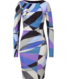 A style-centric alternative to the ubiquitous LBD, a bold Pop Art print covers this ultra-flattering draped detailed dress from Pucci - Bateau neck, long sleeves, curved seam with draped ruche detail, figure-hugging silhouette, concealed side zip closure - Wear with metallic sandals and bold jewels