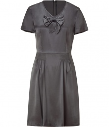 Super feminine in soft anthracite stretch silk, DKNYs bow detailed dress guarantees for a sweet finish - V-neckline, short sleeves, hidden back zip, loosely tailored bodice, smocked waistline detail, softly gathered skirt - Pair with platform Mary-Janes and a streamlined clutch