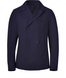 With its structural cotton-blend and classic minimalist styling, Jil Sanders midnight jacket lends a chic, streamlined finish to every look - Notched collar with overlay detail, long sleeves, double-breasted button-down front, front slit pockets - Boxy, wide cut - Wear over a slim-fit button-down with tailored trousers and lace-ups