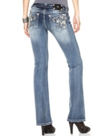 Rhinestones and Fleur de Lys embroidery add glam to these Miss Me bootcut jeans -- perfect for a hot spring look! Rhinestones and Fleur de Lys embroidery add glam to these Miss Me bootcut jeans -- perfect for a hot spring look!