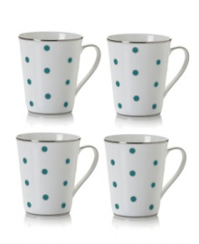 With turquoise dots and pretty platinum trim, these Color Studio mugs from Mikasa give the table a sense of fun. With turquoise dots and pretty platinum trim, these Color Studio mugs from Mikasa give the table a sense of fun.