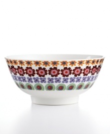 Go mod for this richly patterned Inside-Out bowl, featuring four rows of retro blooms in sturdy, everyday porcelain. Go mod for this richly patterned Inside-Out bowl, featuring four rows of retro blooms in sturdy, everyday porcelain.