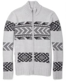 Stylish fair isle print and a snazzy mock neck give this American Rag cardigan its classy style.