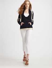 Nautical stripes meet a luxurious fabrication creating a perfectly cozy and chic design.Chelsea collarLong sleevesPull-on styleKangaroo pocketsAbout 24 from shoulder to hem54% linen/36% cotton/10% polyamideDry cleanImported Model shown is 5'10 (177cm) wearing US size Small. Nautical stripes meet a luxurious fabrication creating a perfectly cozy and chic design.Chelsea collarLong sleevesPull-on styleKangaroo pocketsAbout 24 from shoulder to hem54% linen/36% cotton/10% polyamideDry cleanImported Model shown is 5'10 (177cm) wearing US size Small.
