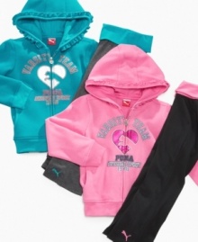 Top to bottom style. This hoodie and pants combo from Puma is sporty style with fun girlish flair she'll love. Top to bottom style. This hoodie and pants combo from Puma is sporty style with fun girlish flair she'll love.