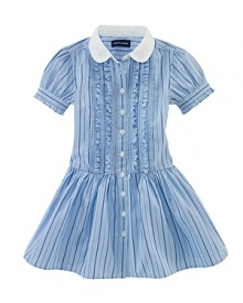 The classic shirtdress is rendered in lightweight cotton poplin and updated with a pretty stripe and pintuck detailing. The classic shirtdress is rendered in lightweight cotton poplin and updated with a pretty stripe and pintuck detailing.