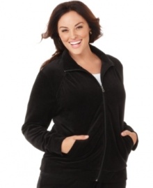 Lounge in the lush comfort of On Que's velour plus size jacket-- make it a suit with the matching pants. (Clearance)