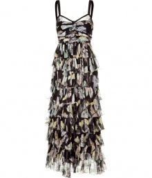 Gorgeous, dramatic dress in pure silk - Romantic, multicolored floral print with black - Lightweight feminine silhouette with lots of movement - Narrow shape with structured top and built-in bustier - Slightly fair ruffled skirt - Tredy maxi length - Pair with heeled sandals and a fun clutch for any summertime party