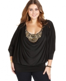 Look party-perfect with Baby Phat's draped plus size top, showcasing a beaded inset.