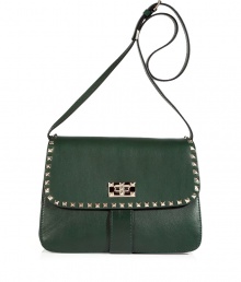Dainty, dark green leather handbag with edgy, decorative studs is an updated classic - Features a long shoulder strap, flap closure and thin, box shape - Excellent choice to carry during the day or evening Dainty, dark green leather handbag with edgy, decorative studs is an updated classic - Features a long shoulder strap, flap closure and thin, box shape - Excellent choice to carry during the day or evening