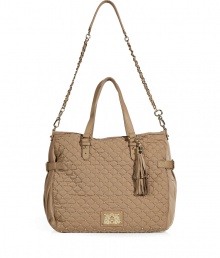 Inject edgy style into your statement handbag collection with Juicy Coutures glamorous Lauryn satchel in studded camel nylon, part of the Upscale Quilted collection - Metal shield logo plate, leather trim, braided chain and leather strap, rivet tassels, side buckle and pocket detail, inside removable pouch with leather trim, inside zippered and slot pockets - Perfect for finishing your workweek looks Inject edgy style into your statement handbag collection with Juicy Coutures glamorous Lauryn satchel in studded camel nylon, part of the Upscale Quilted collection - Metal shield logo plate, leather trim, braided chain and leather strap, rivet tassels, side buckle and pocket detail, inside removable pouch with leather trim, inside zippered and slot pockets - Perfect for finishing your workweek looks
