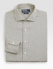 Expertly tailored for a trim fit from crisp cotton twill, printed in a tattersall design for polished refinement. Buttonfront Moderate spread collar Embroidered logo detail Cotton Machine wash Imported Expertly tailored for a trim fit from crisp cotton twill, printed in a tattersall design for polished refinement. Buttonfront Moderate spread collar Embroidered logo detail Cotton Machine wash Imported