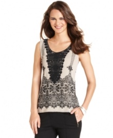 Alfani's sleeveless top is romantic-chic with an applique at the neckline and a lavish place print through the waist.