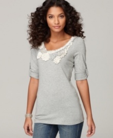 A gorgeous collar full of fabric flowers makes this RXB top stand out! Try it with jeans or leggings for an elegant take on a casual look. A gorgeous collar full of fabric flowers makes this RXB top stand out! Try it with jeans or leggings for an elegant take on a casual look.