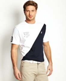 Up your t-shirt style with this colorblocked striped shirt from Nautica.