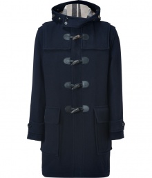 Work a note of timeless sophistication into your outerwear essentials with Burberry Brits chic navy duffle coat - Hooded, buttoned stand-up collar, long sleeves, buttoned tabs, front toggle closures, flapped pockets, characteristic check lining, classic fit - Pair with favorite jeans and pullovers, or suits and brogues for work