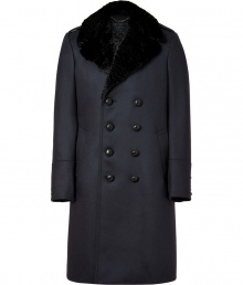 Opulent without being over-the-top, Burberry Londons fur detailed wool coat is a luxurious investment guaranteed to upgrade your elegant outerwear wardrobe - Notched lapel, removable black rabbit fur collar, long sleeves, buttoned cuffs, double-breasted button-down front, buttoned back sash, buttoned back vent - Contemporary straight fit, hits mid-thigh - Wear with chic tailored trousers and flawless leather footwear