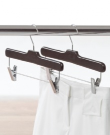 Keep clothes just like new by storing them on handcrafted natural wood hangers that keep wrinkles, kinks and creases at bay. A satin finish lends an elegant touch to your closet space, while the heavy duty construction keeps up with the inevitable grabbing during hectic mornings.