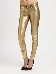 Lustrous goldtone finish gives these leggings-style skinny jeans a new lease of life. THE FITRise, about 8Inseam, about 30THE DETAILSButton closureZip flyFour-pocket styleCotton/polyester/elastaneDry cleanMade in USA of imported fabricModel shown is 5'10 (177cm) wearing US size 4.