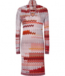 Elevate your knitwear collection with Missonis optical knit dress, a contemporary-cool take on the brands iconic aesthetic - V-neckline with shawl collar, long sleeves, striped trim, separate nude slip lining with spaghetti straps - Slim straight fit - Team with statement jewelry and chic knee-high boots