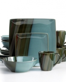 Reactive glaze intensifies blue-green and clay-colored streaks on hard-wearing stoneware for dinnerware that's dramatic yet down to earth. In simple round and square forms for a set with both modern and classic appeal. Reactive glaze intensifies blue-green and clay-colored streaks on hard-wearing stoneware for dinnerware that's dramatic yet down to earth. In simple round and square forms for a set with both modern and classic appeal.