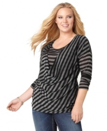 A draped front lends a flattering fit to Seven7 Jeans' three-quarter sleeve plus size top, finished by a striped pattern.